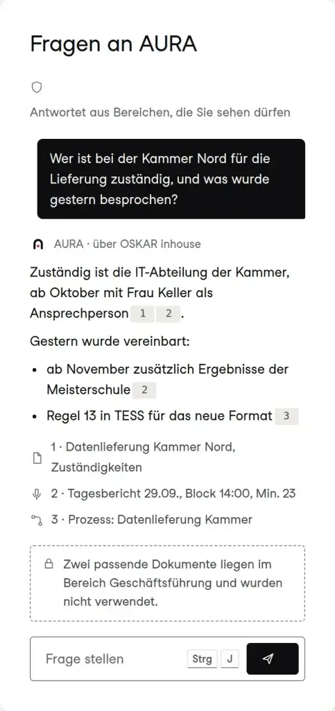 KI-Chat in AURA: Antwort mit Quellen und Hinweis, dass Dokumente wegen fehlender Rechte nicht verwendet wurden