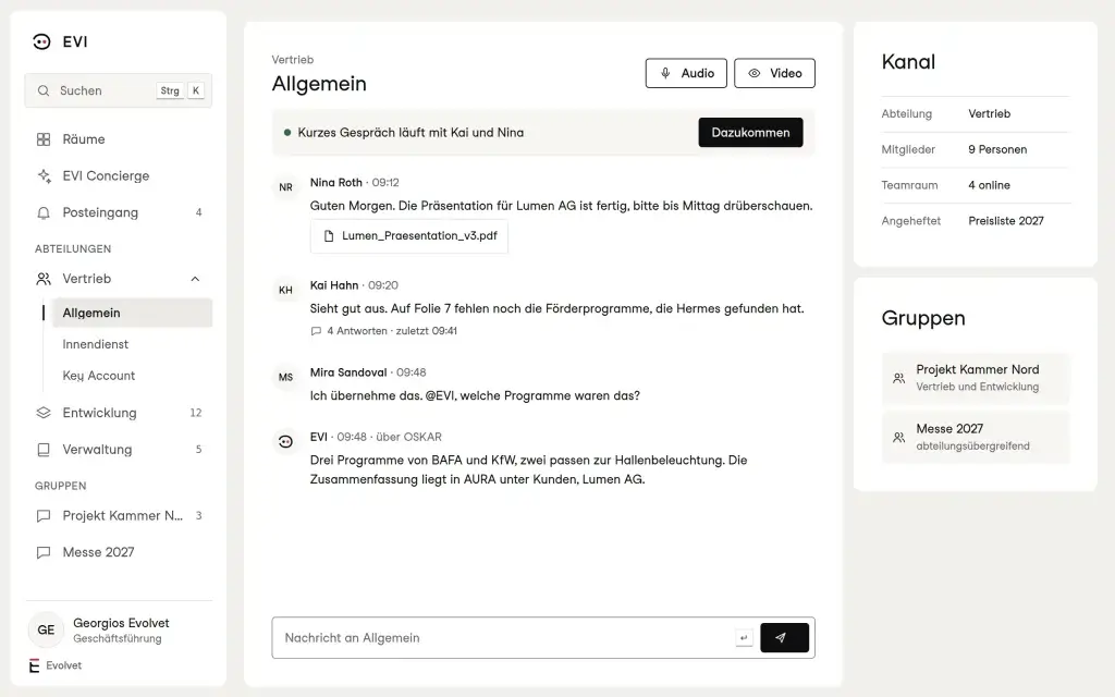 Kanal der Abteilung Vertrieb mit Nachrichten, Datei, Thread und einer Antwort von EVI