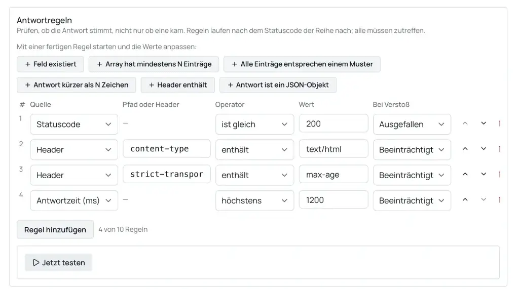 Antwortregeln in InfraMap: Statuscode, Header und Antwortzeit mit festgelegter Folge bei Verstoß